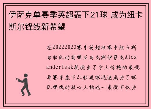 伊萨克单赛季英超轰下21球 成为纽卡斯尔锋线新希望